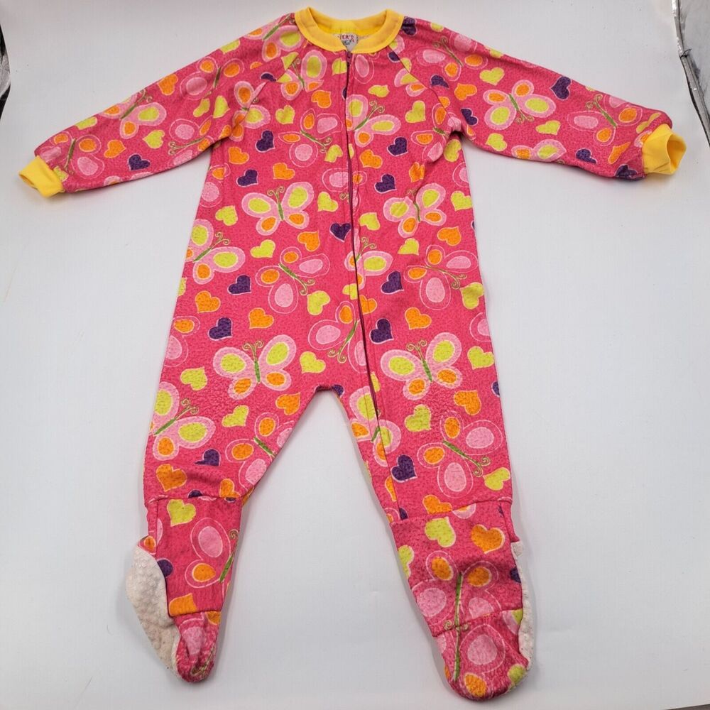 Vintage Carters Footed Pajamas Girls 2T Pink Butterfly Hearts 90s Y2K